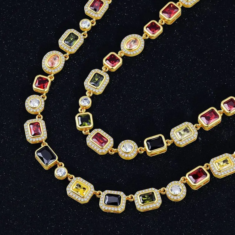 Classic hip hop men mixed colored rectangular gem necklace adjustable link chain for rapper streetwear banquet and dating looks