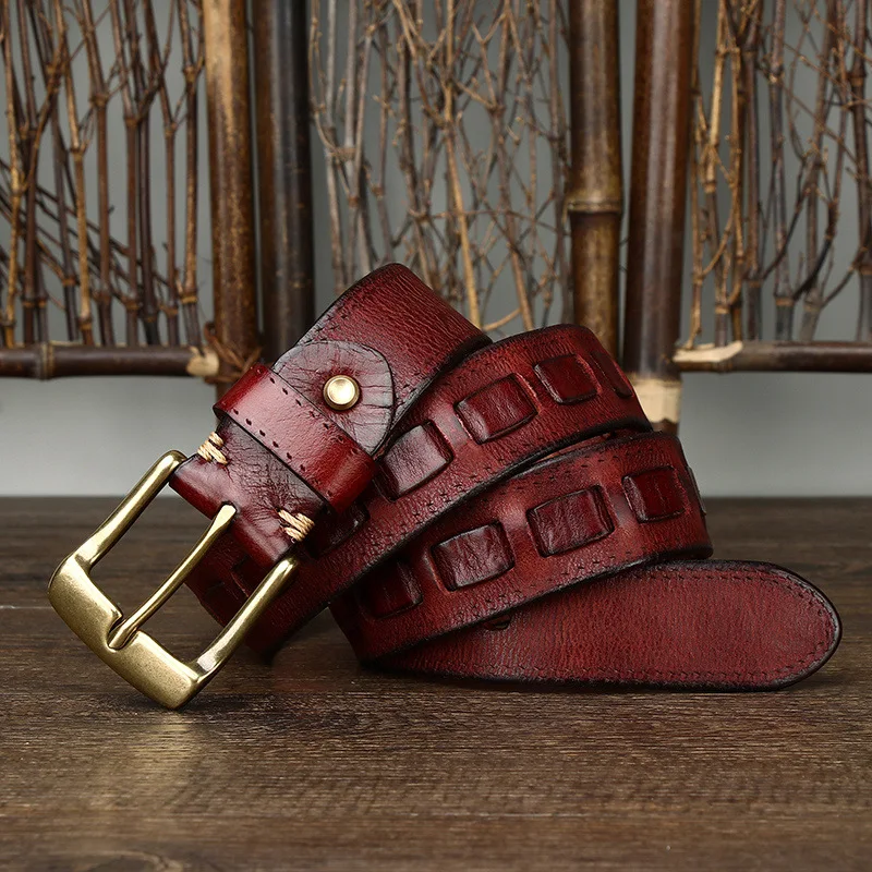 

Men's retro fashion trend all-match pure cowhide copper buckle genuine leather belt casual braided belt
