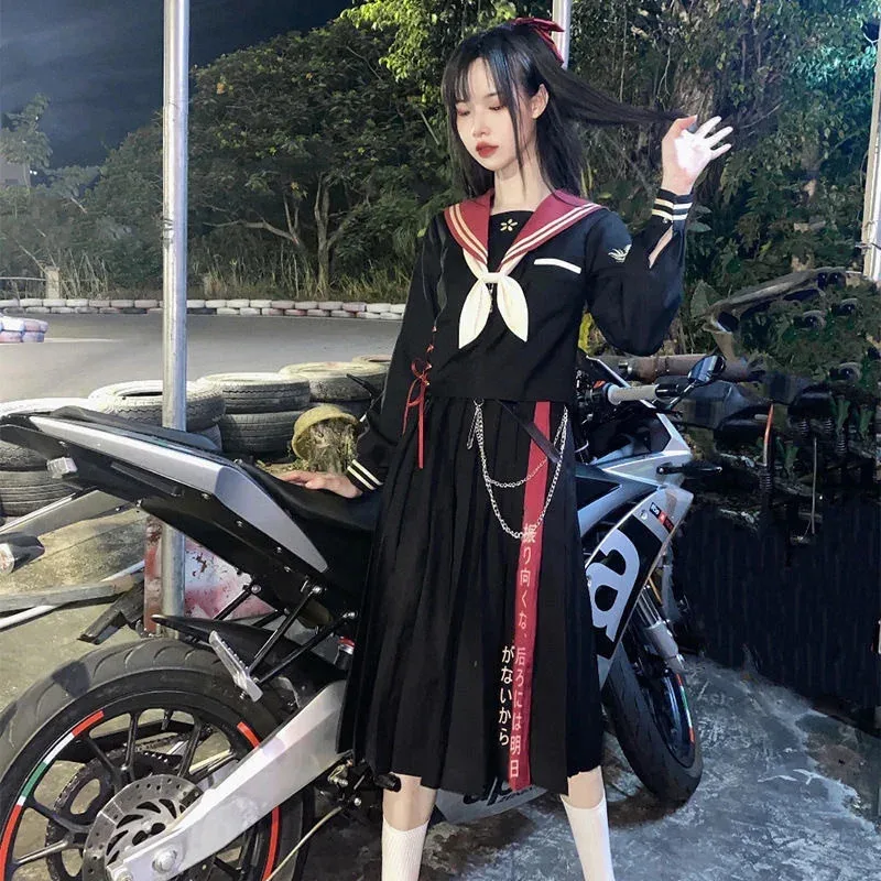 Dragon and Cherry Blossom Bad Girl Jk Uniform Embroidery Authentic Dark Black Sailor Suit Set Harujuku Goth Lolita Dress eo]5