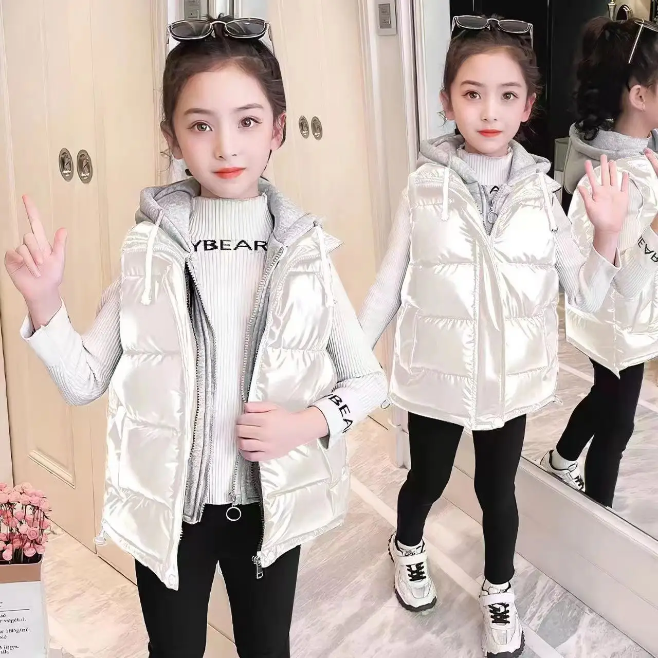 Winter Child Waistcoat Cotton Girls Vest Kids Jackets Children Outerwear Wearing Shiny Leather on The Outside of The Vest R13