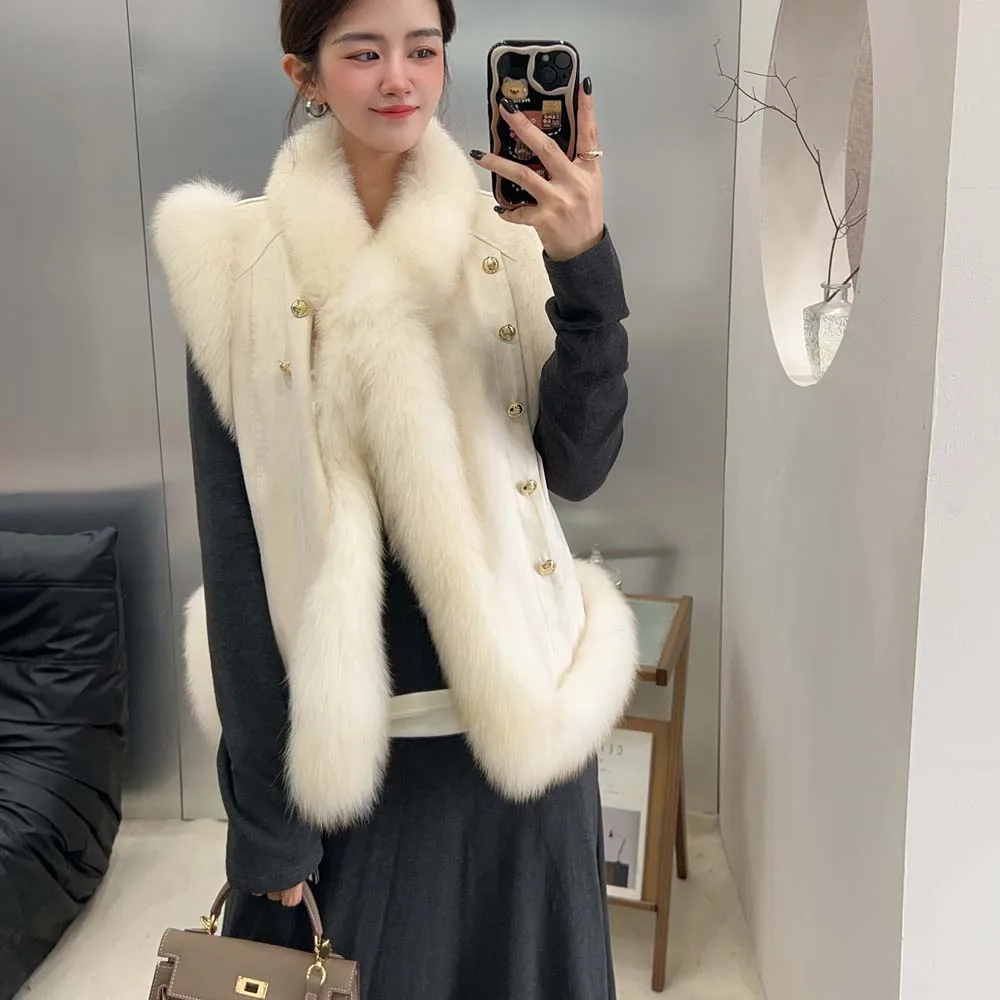 2025 المرأة الشتاء الثعلب الفراء سترة الحلو فروي جاكيت بلا إكمام صدرية أوزة أسفل بطانة الداخلية سترة