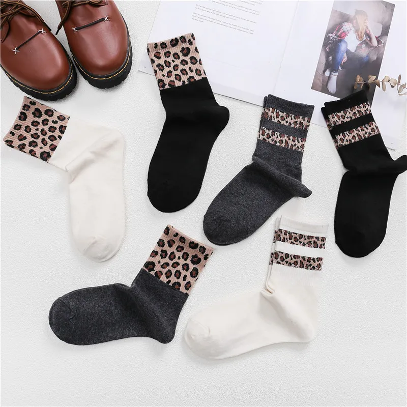 Women's Socks New Leopard Pattern Socks Colored Animal Pattern All Cotton Anti Slip Sweat-absorbing Mid Tube Cotton Socks