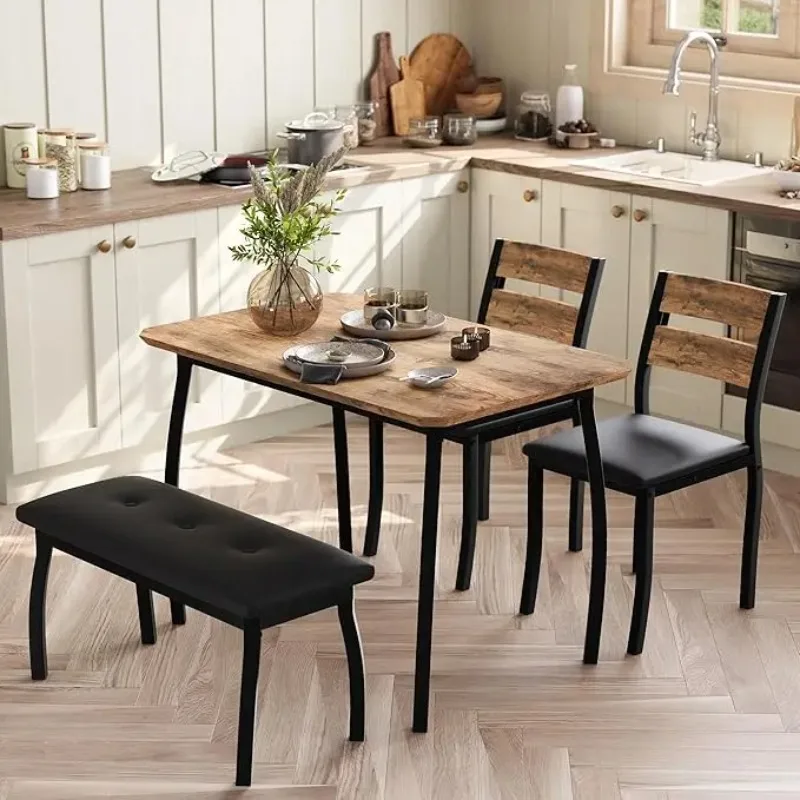 Dining Table Set for 4,Sturdy Wooden Kitchen Table with Chamfer Design and Metal Legs, Upholstered Bench for Home ,Kitchen
