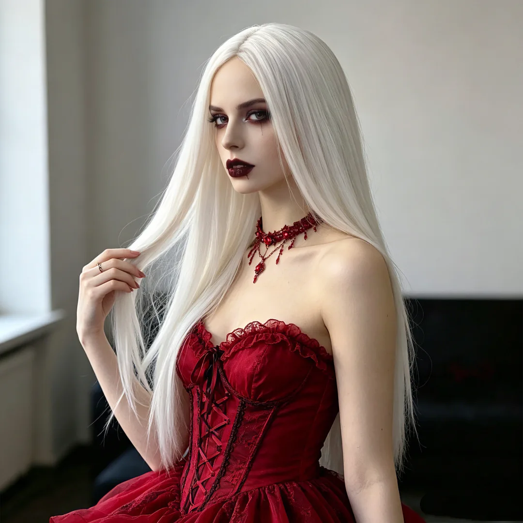 White Center-Parted Long Straight Synthetic Wig - Halloween Retro Dark Vampire Cosplay Wig - High Temperature Silk Wig Cap image 2