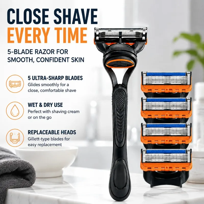 Men's 5-Blade Razor Manual Shaver with Replaceable Gillett-Type Blade Heads, Wet Dry Facial Hair Trimmer for Men