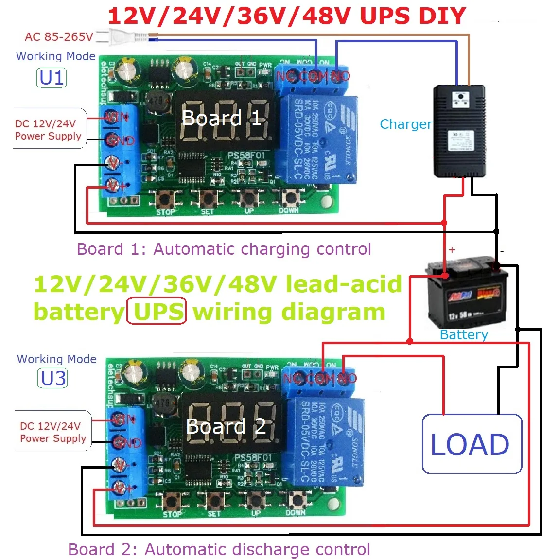 DC 3-60V caricabatteria scaricatore controllo sottotensione scheda di protezione da sovratensione spegnimento automatico per UPS piombo-acido 18650