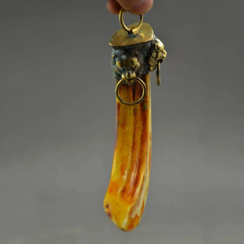Chinese Handwork Collection Artificial Boar\'s Tooth & Copper Carving Lion Statue Pendant