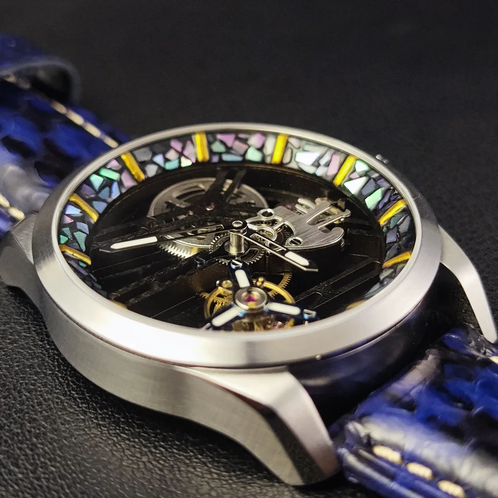 HUASUO Неугольное культурное наследие, лаковый инкрустированный безель, 42 мм, мужские механические часы с турбийоном, сапфировый кристалл, ремешок из питона