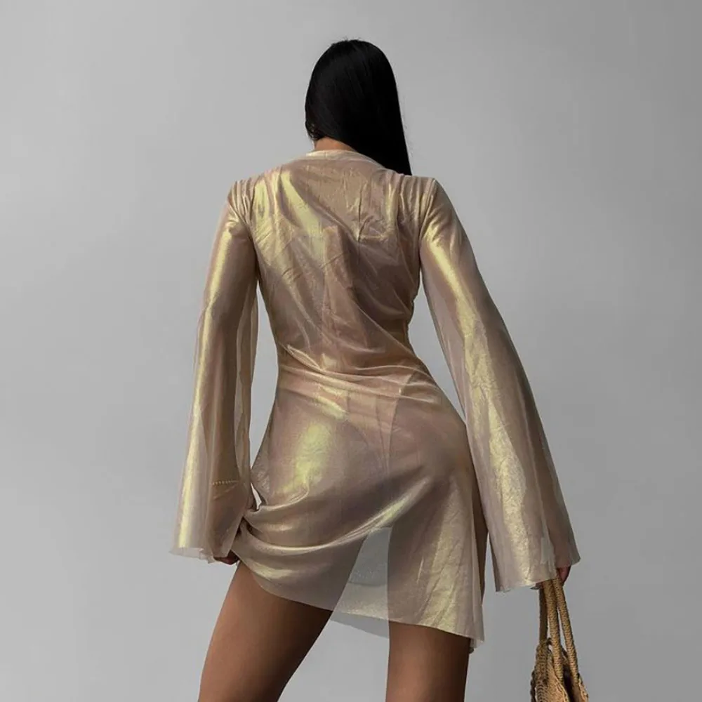 Sexy Women Dresses Mesh Bronzing Fashion Temperament See-through Micro Flared Long Sleeve Charming Short Golden Dresses