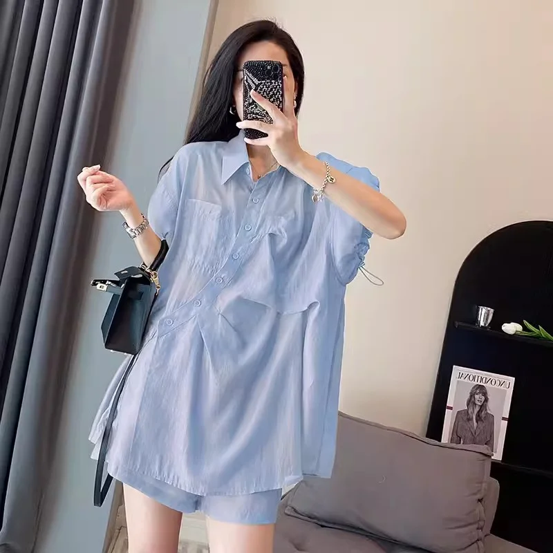 Women's Outerwear 2024 Summer Meat Shielding Short Sleeved Shirt Shorts Set Paired With a Complete set of Women Summer Clothing