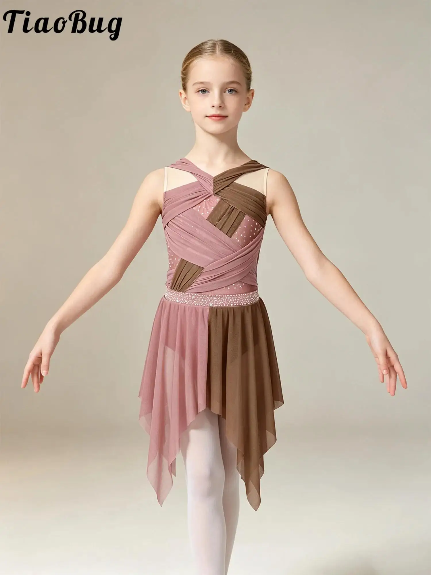 Kid Girls Ballet Lyrical Dance Figure Skating Dress Gymnastic Cha-cha Dancewear Sleeveless Ruched Mesh Dress Performance Costume