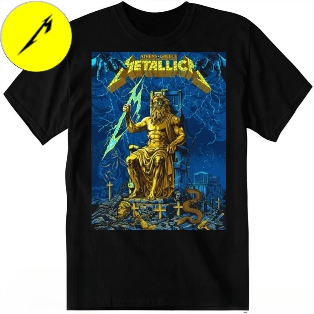 T-shirt Metallica Athènes Grèce 2026 Samedi 9 mai Zeus Band en coton avec motif pour hommes et femmes, streetwear d'été