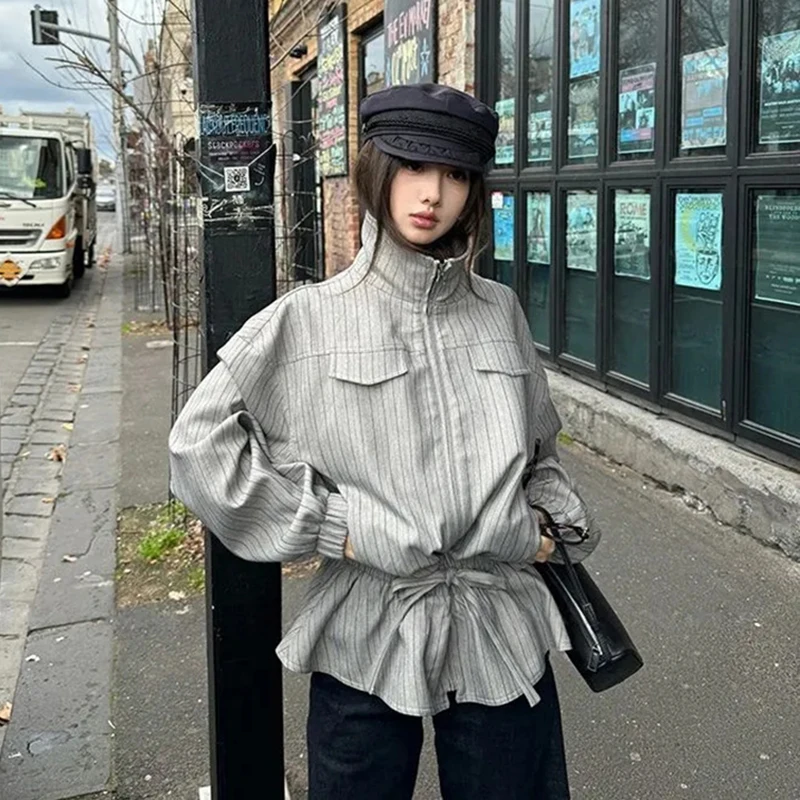 

Женская полосатая минималистичная куртка с воротником-стойкой и длинным рукавом на молнии, ветровка, свободное повседневное винтажное уличное классическое пальто