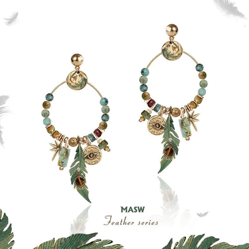 MASW Original Design Summer vacation wind green feather beading design sense Earring For Women Female Gifts Trendy Jewelry