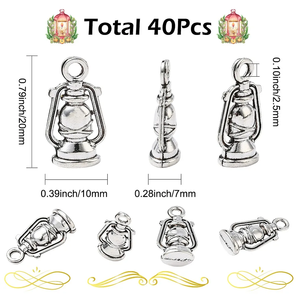 

40Pcs Style Zinc Alloy Pendants Sets Lead Free Cadmium Free Lantern Charms Silver 20x10x7mm Hole: 2.5mm