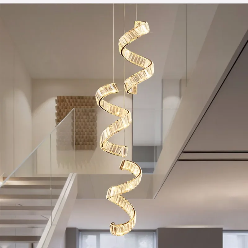 

Luxury Stairs Dimmable Led Chandelier Lustre K9 Crystals Pendnat Lights Wave Steel Droplight Suspend Lamp Home Led Luminarias