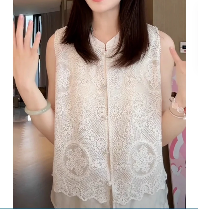 

Уникальная кружевная рубашка с вышивкой для тяжелой промышленности, женская новая корейская рубашка без рукавов с круглым вырезом, свободная рубашка в западном стиле