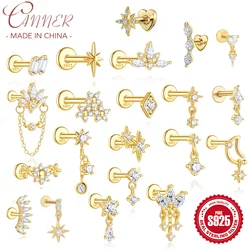CANNER 1 Stück 925 Silber Glatte Sterne Mond Ohrstecker für Frauen 18 Karat Gold Flachkopf Gewinde Punktion Ohr Knochen Ins Edlen Schmuck