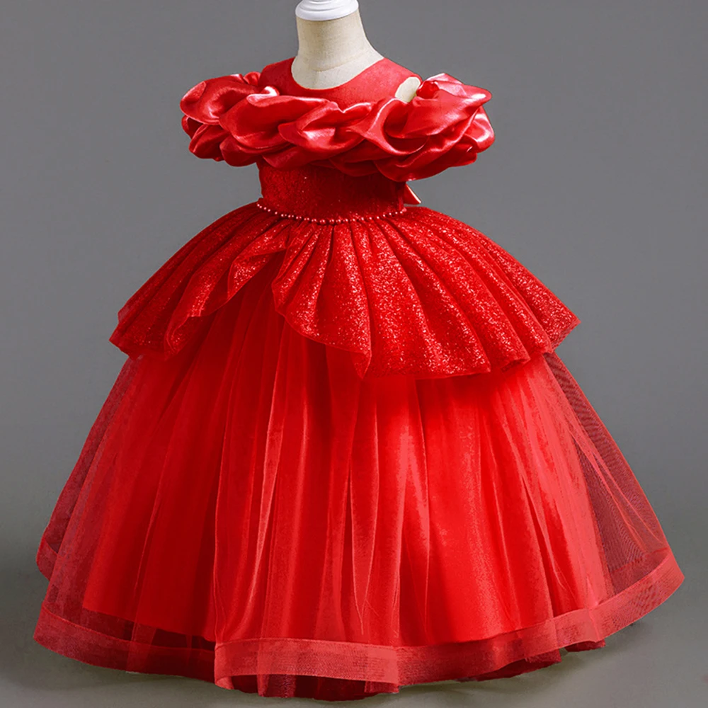 3-8T Solid Color Flower Girl Dress Cute Pleated Puff Off Shoulder Collar O-neck Gown Pearls Belt Bow Tiered Birthday Party Dress