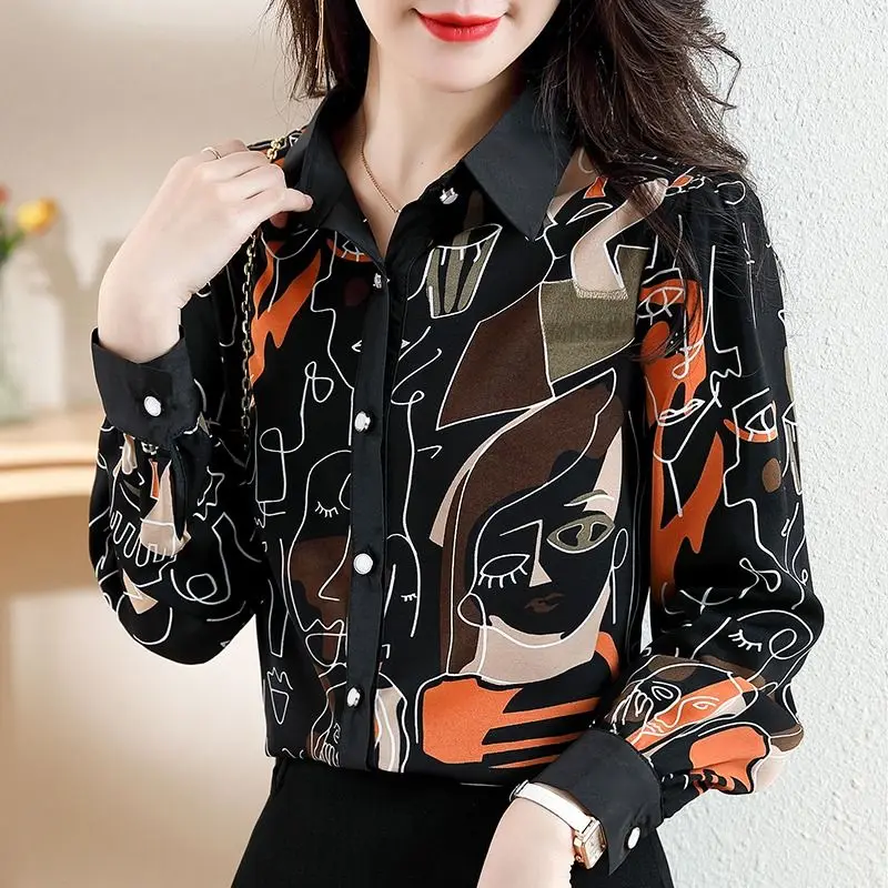 

Fashion Printed Shirt 2023 Spring Autumn Commute Single-breasted Casual Korean Polo-Neck Spliced Women's Clothing Loose Blouse