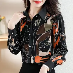 Fashion Printed Shirt 2023 Spring Autumn Commute Single-breasted Casual Korean Polo-Neck Spliced Women's Clothing Loose Blouse