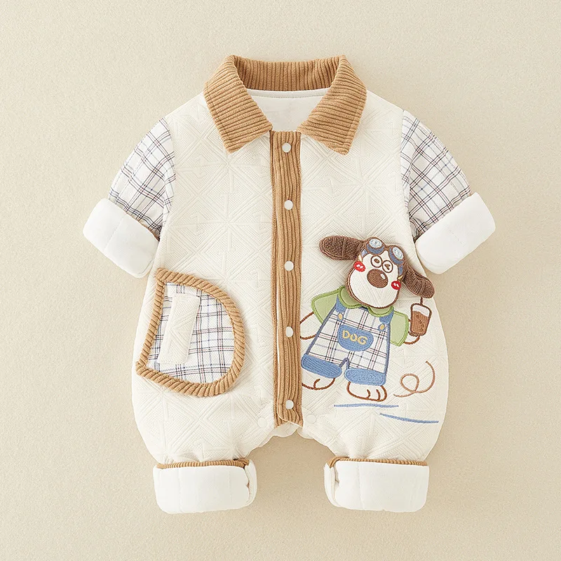 Newborn long-sleeved autumn and winter thickened onesie Class A cotton-padded male baby outing clothing Baby crawling suit