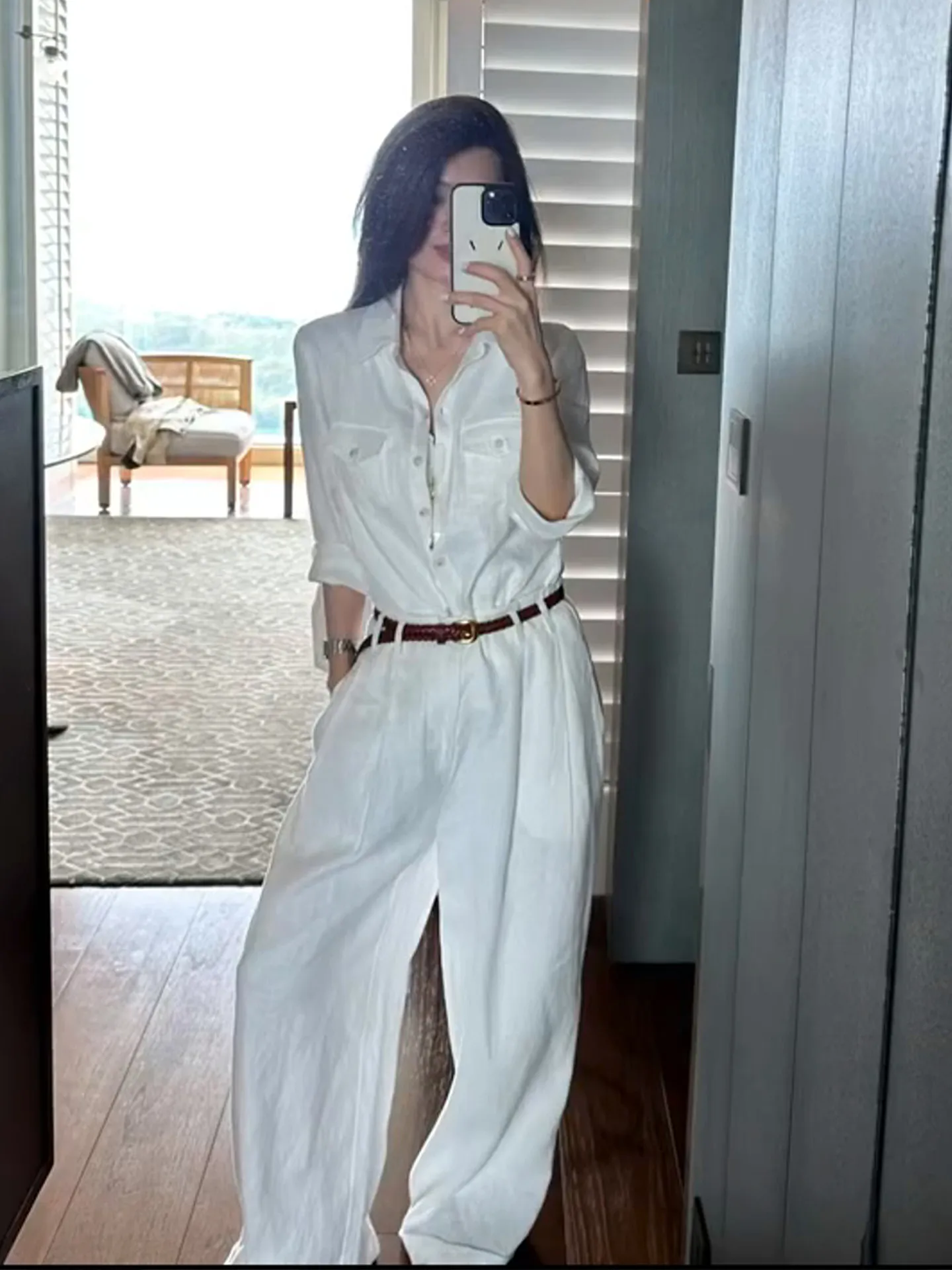 White Linen Shirt Set Women's Spring Summer Casual Sun Protection Two-Piece Suit High Waist Loose Fit Button-Up Casual Style
