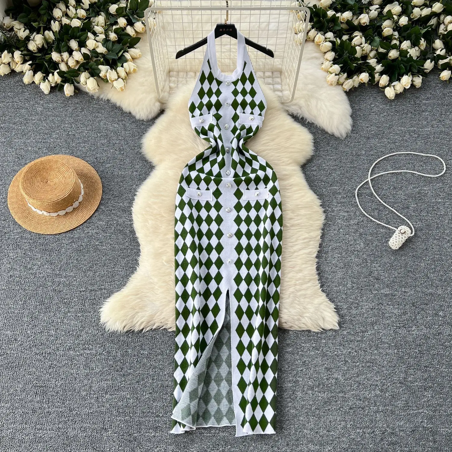 

Long Dress Women Dresses Bodycon Vestidos Plaid Streetwear Halter Sleeveless Elegant Splice Slim Fit Y2k High Waist Party 2025