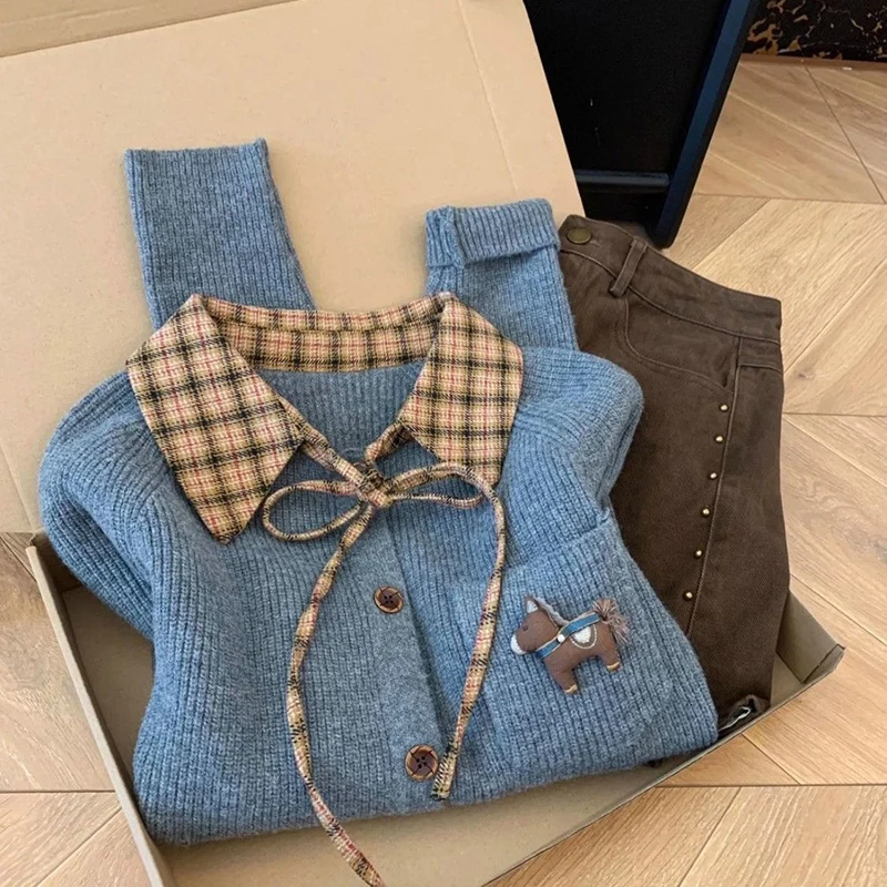 Women Plaid Collar Cardigan Ribbon Tie Knit Sweater Puppy Embroidery Long Sleeve Preppy Cottagecore Winter Top