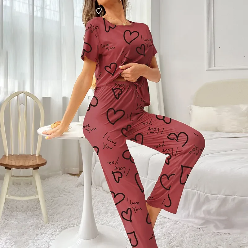 Women Pajamas Set Short Sleeve Shirt and Trousers Sleepwear Two Pieces Pyjamas Loungewear Nightwear Ladies Pijama Home Clothing