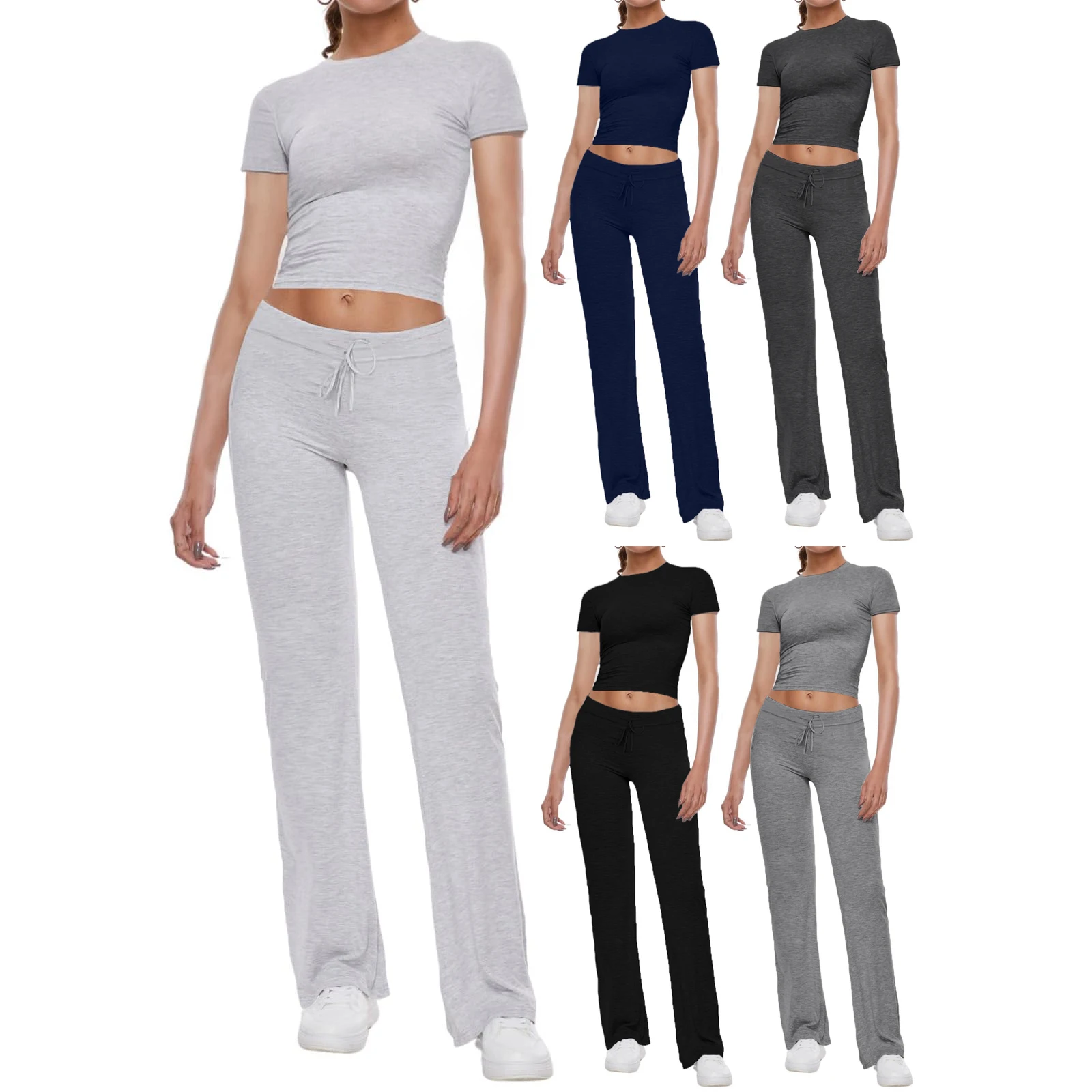 Solid Color Short Sleeve Round Neck T-Shirts Tops Drawstring Long Trousers 2 Pieces Clothes Set Women Summer Pants Outfits