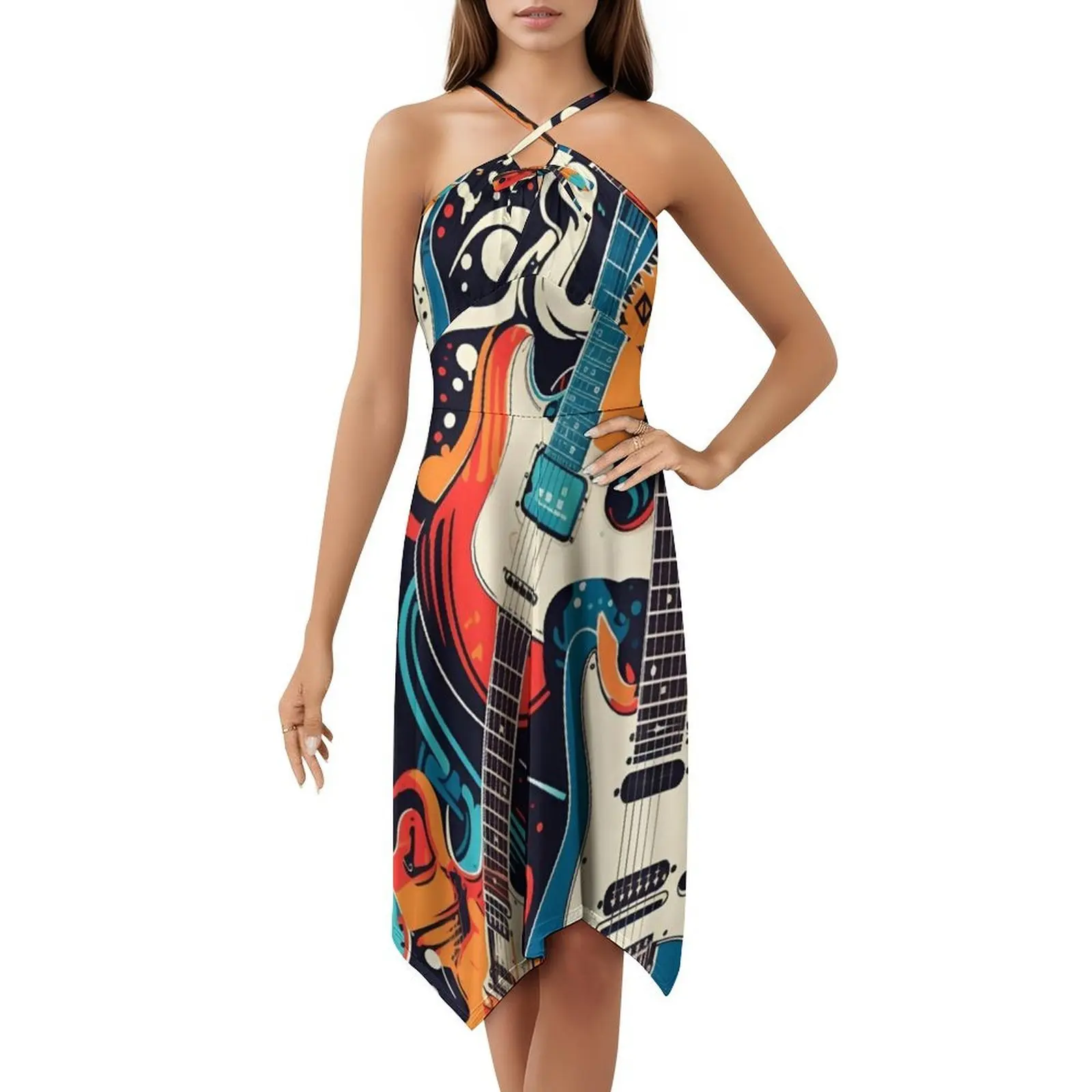 ملون الغيتار الكولاج خلفية خمر البوهيمي اللباس نفخة الأكمام أو خيارات بلا أكمام للنساء اللباس الغيتار الملونة #5