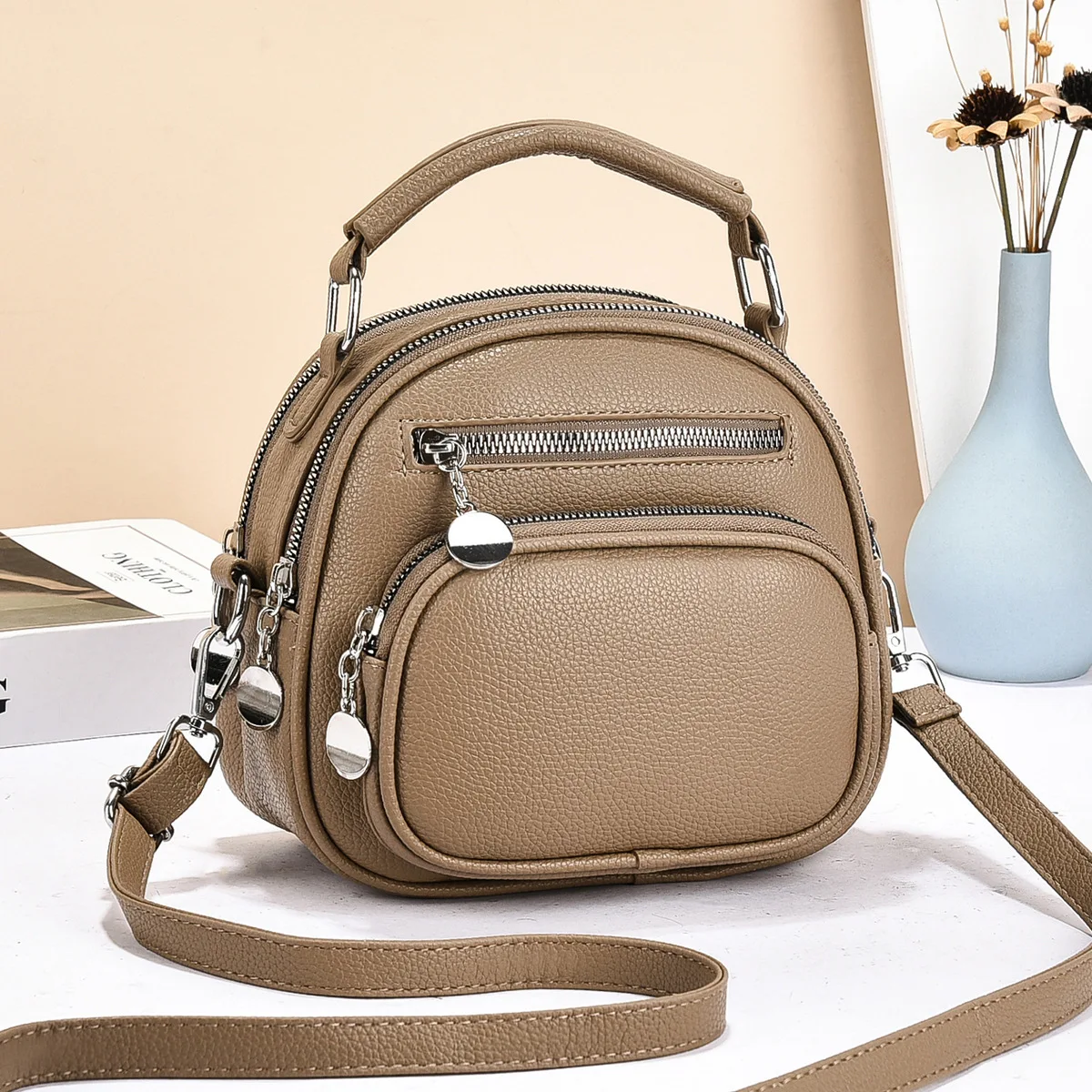 

Women's Khaki PU Leather Crossbody Bag Multi-Pocket Top Handle Purse with Adjustable Strap Casual Travel Handbag Silver Zipper