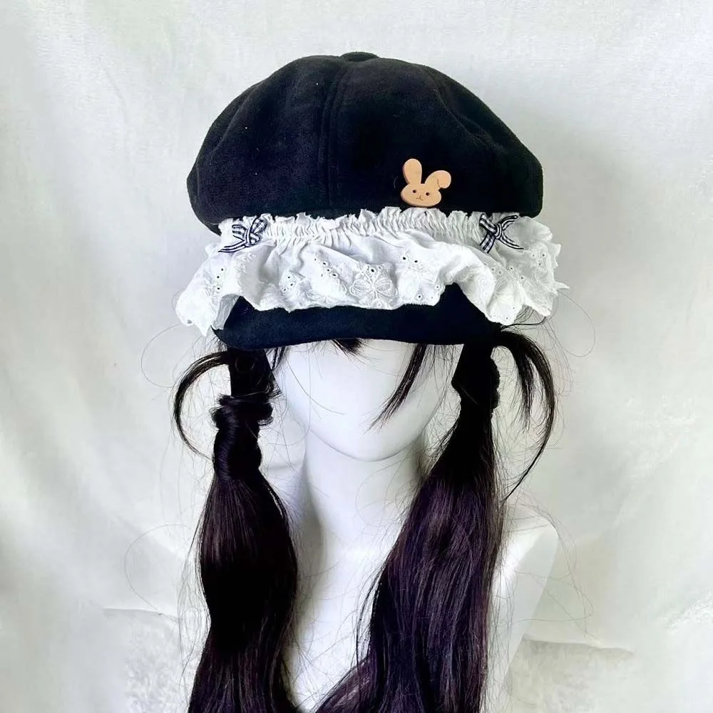 Japanese Women Double Layers Lace Beret Cap Lolita Girls Lace Retro Gothic Octagonal Hat Street Photography Hat