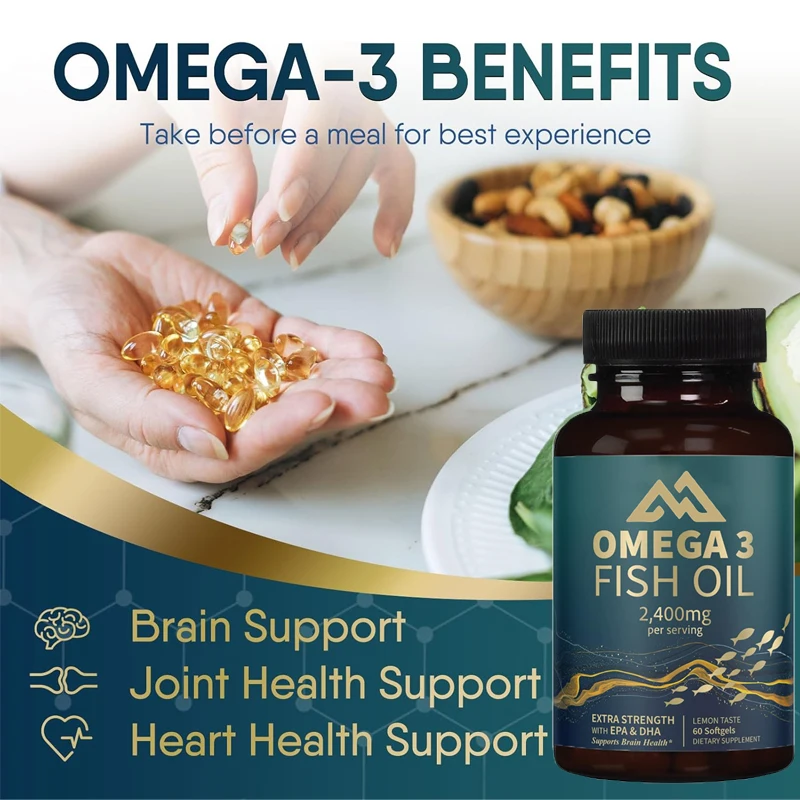 Aceite de pescado Omega 3, cápsulas suaves de 2400mg, suplementos de aceite de pescado, soporte para la salud del cerebro y el corazón, EPA y DHA, 60 cápsulas