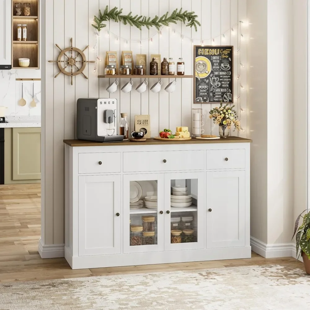 Sideboard Buffet Cabinet with Storage, Kitchen Buffet Storage Cabinet Glass Doors, Modern Farmhouse Coffee Bar Cabinet