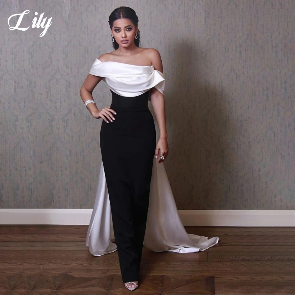 

Lily White and Black Elegant Formal Gown Off the Shoulder Backless Prom Dresses Satin Trailing Mermaid Evening Dress Customized