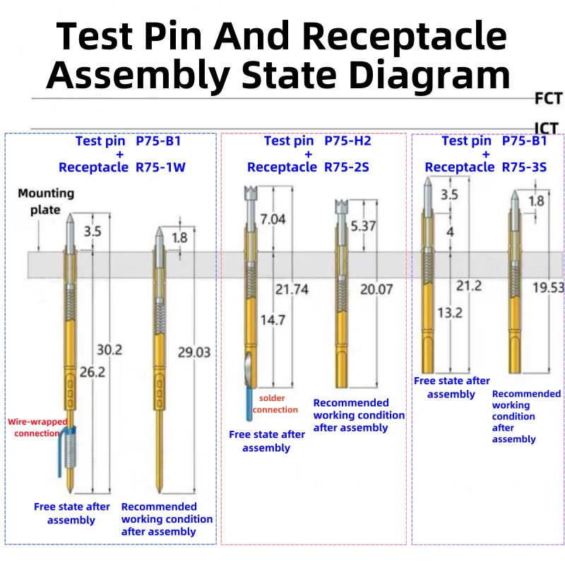 20/100PCS P75-B1 Spring Test Probe P75-BTest Pin PA75-B PA75-B1 Test Tool 16.3mmDia 1.02mm Needle Tip Dia 0.66mm PogoPin