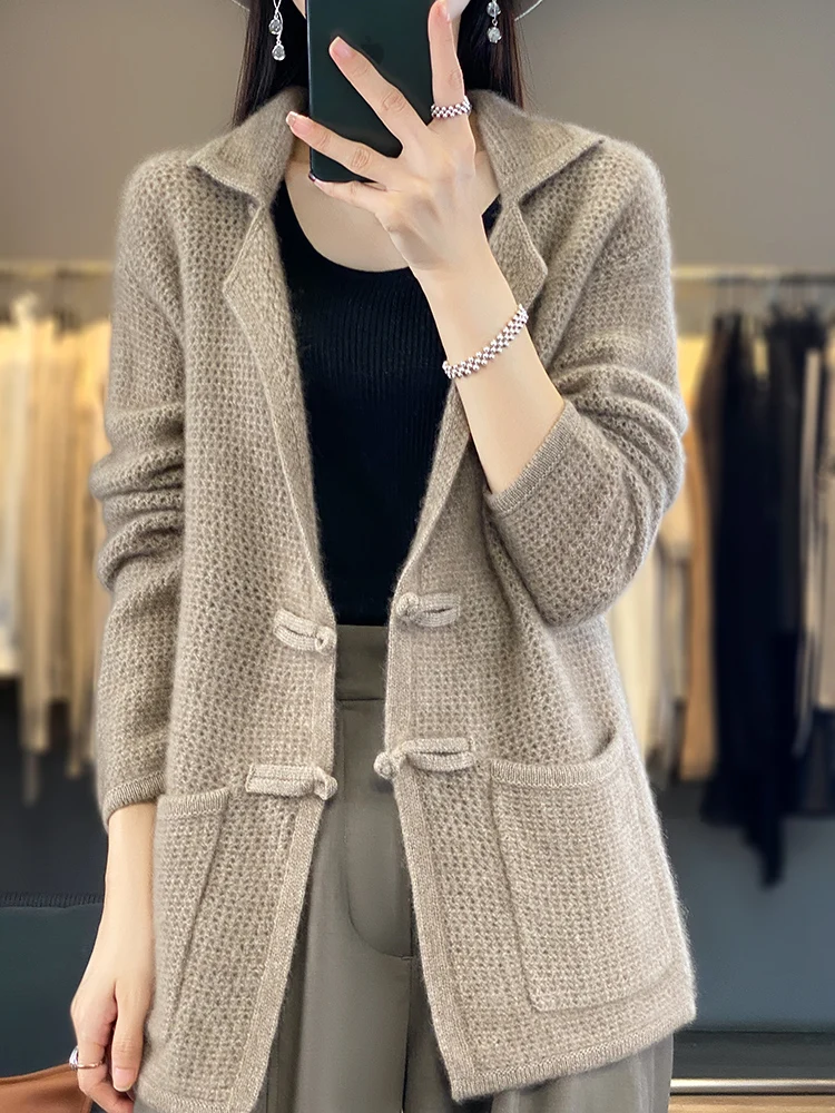 

Women Casual Loose Cardigan 100% Merino Wool Sweater Thick Warm Cashmere Knitwear Korean Style New Fashion Spring Autumn Tops