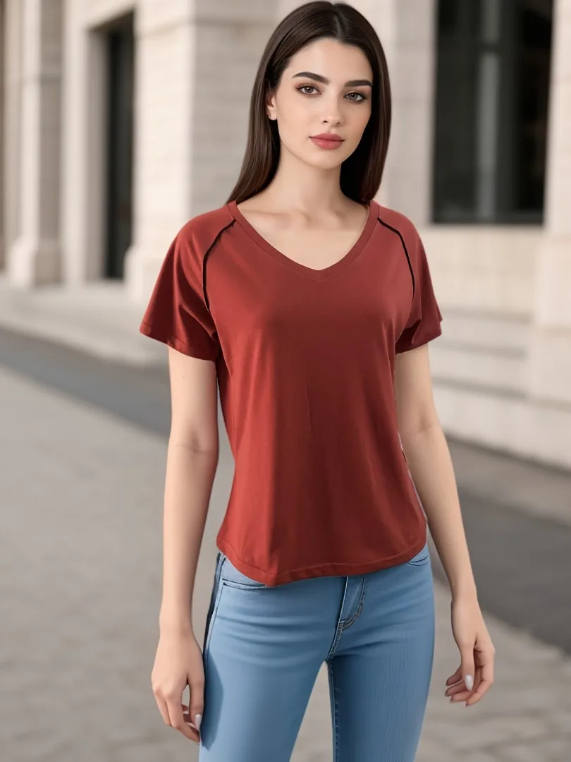 180GSM Tessuto di cotone liscio di alta qualità 2024 Scollo a V 100% cotone T Shirt Donna Estate Top Donna T-shirt Camicetta femminile allentata