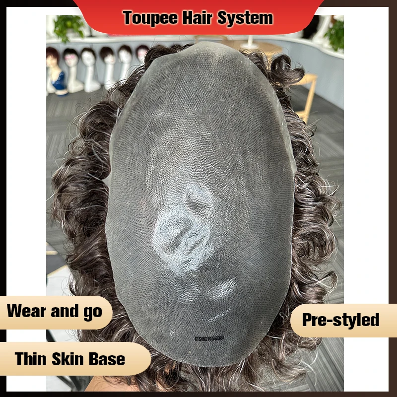 Natural Curly Pre Styled Men Toupee Thin Skin V Loop PU Base Human Hairpieces Hair Replacement System Protesis Hombre Male Wig