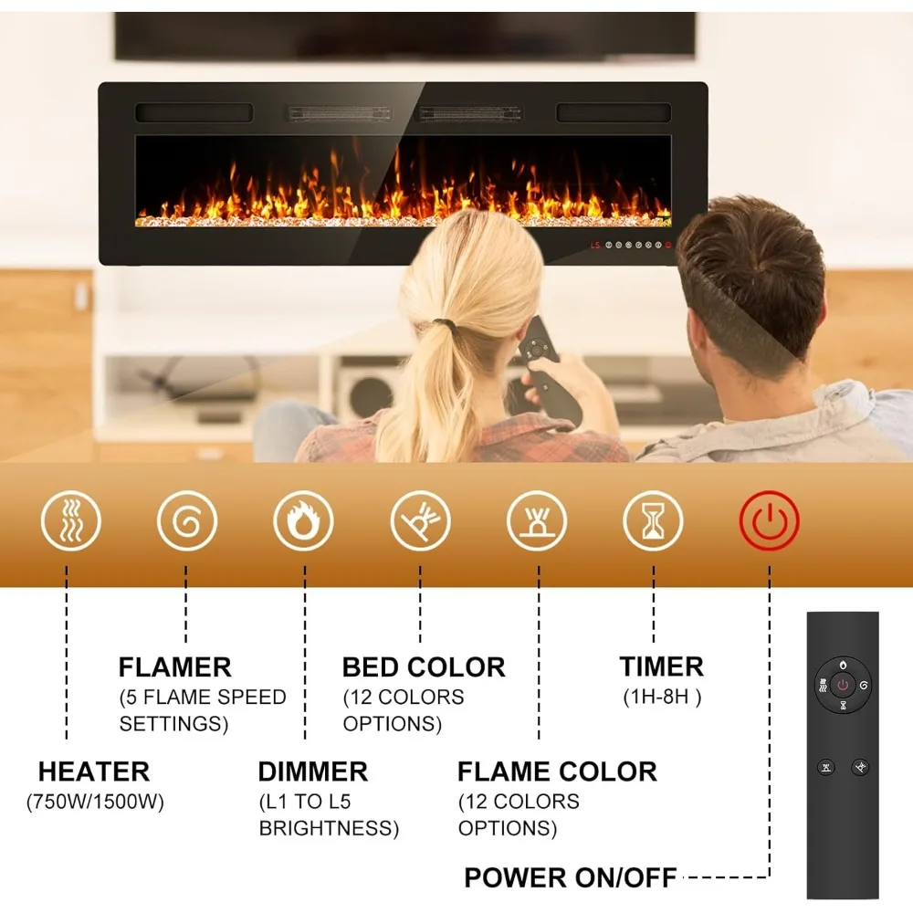 50 Inch Electric Fireplace Insert with Wall Mount, Remote Control, Touchscreen, and 1500W Heater with Timer