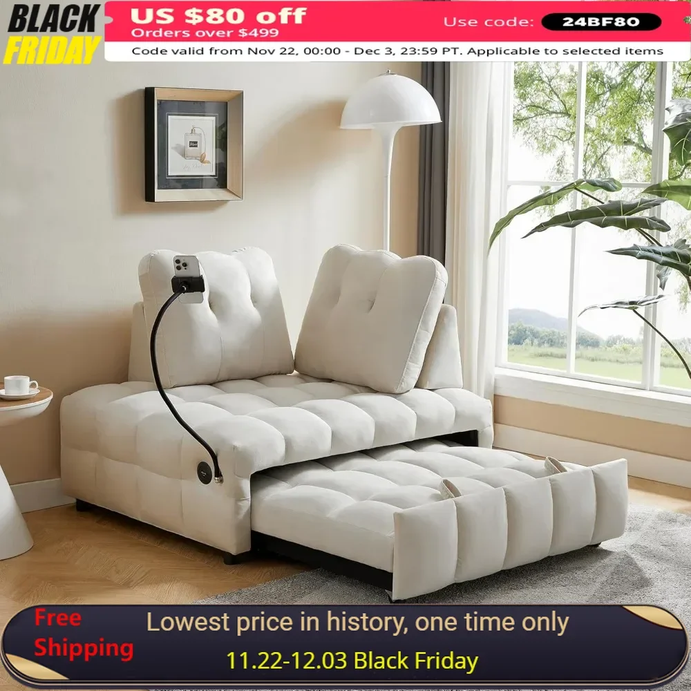 Twin Pull Out Sofa Bed with USB Port，Velvet Upholstery Couch, Chaise Lounge，Convertible Sleeper Sofa Bed