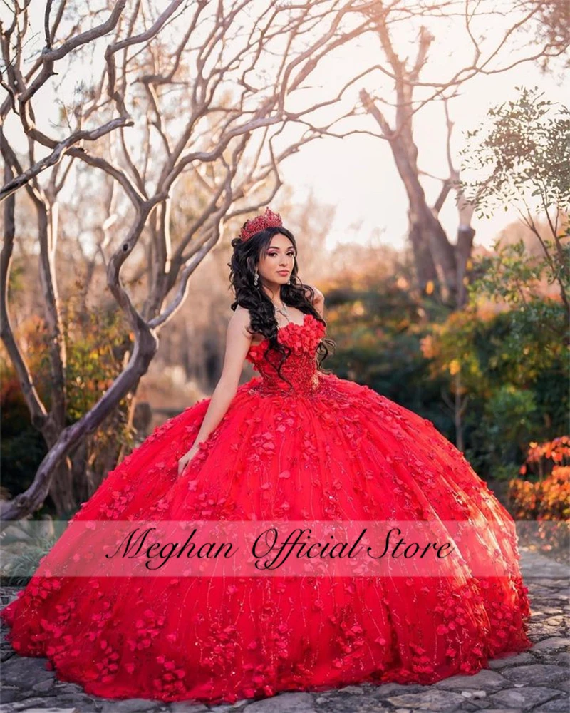 Vestido para quinceañeras con escote en forma de corazón rojo de México, vestidos de fiesta de cumpleaños con cuentas de flores en 3D, vestido de baile largo para graduación, dulce 16, personalizado