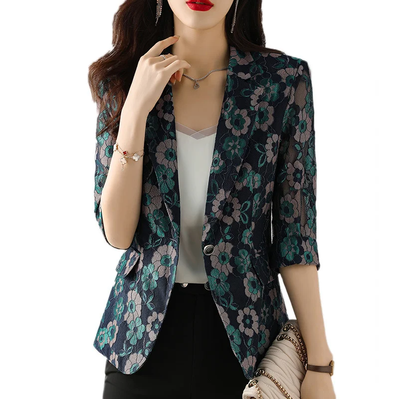 Lace Embroidery Hollow Three-quarter Sleeves Casual Blazers Suit Female Outwear Tops 2026 Spring Summer New Women Blazer Jacket