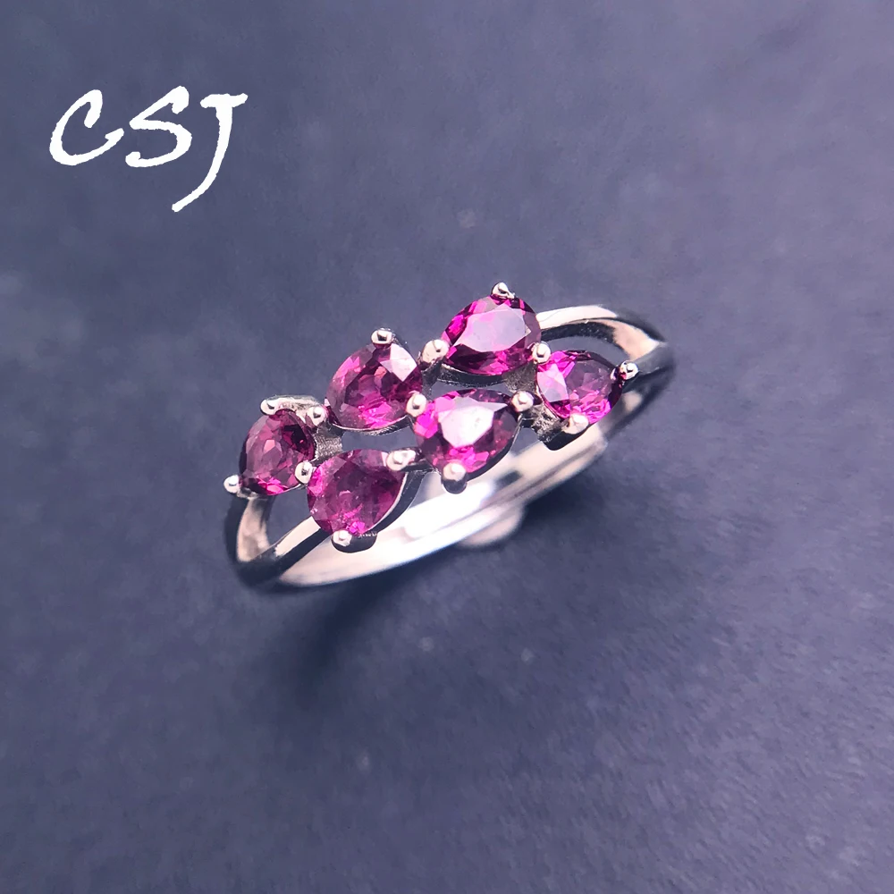 

CSJ Elegant Natural Brazil Rhodolite Garnet Ring 925 Sterling Silver Gemstone Pear 3*4mm for Women Wedding Party Jewelry Gift