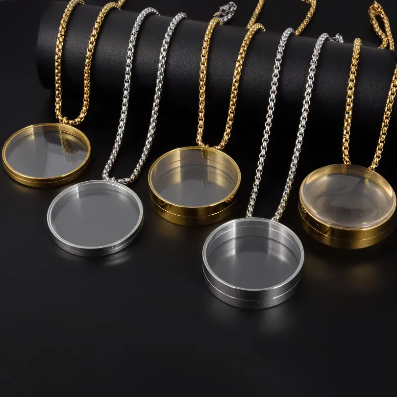 

1Pc 45mm Punk Round Cremation Ashes Medallion Pendant Necklaces Stainless Steel Glass Coin Bezel Locket Chunky Collares Jewelry