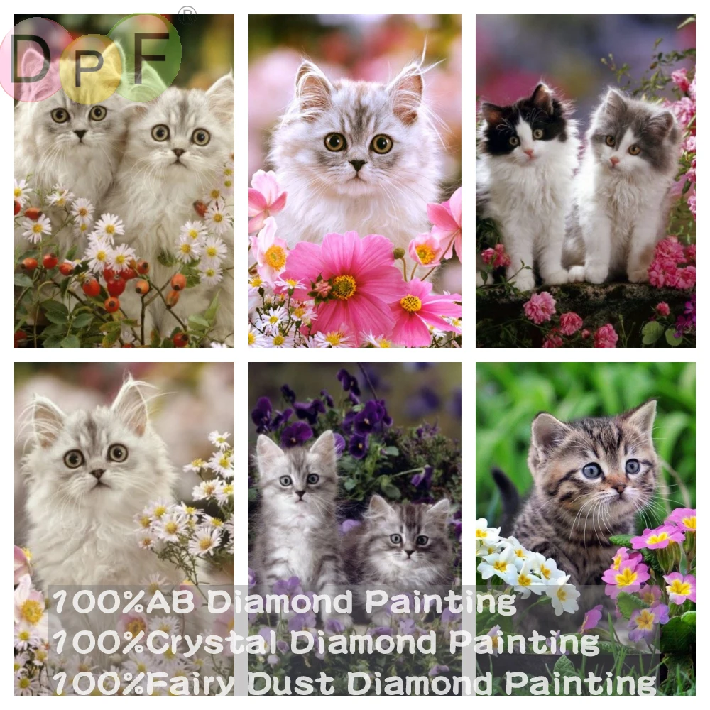 

DPF 100% Full Fairy Dust Drill Crystal AB Diamond Painting Cute Kitten Embroidery Art Home Decor Crafts Gift