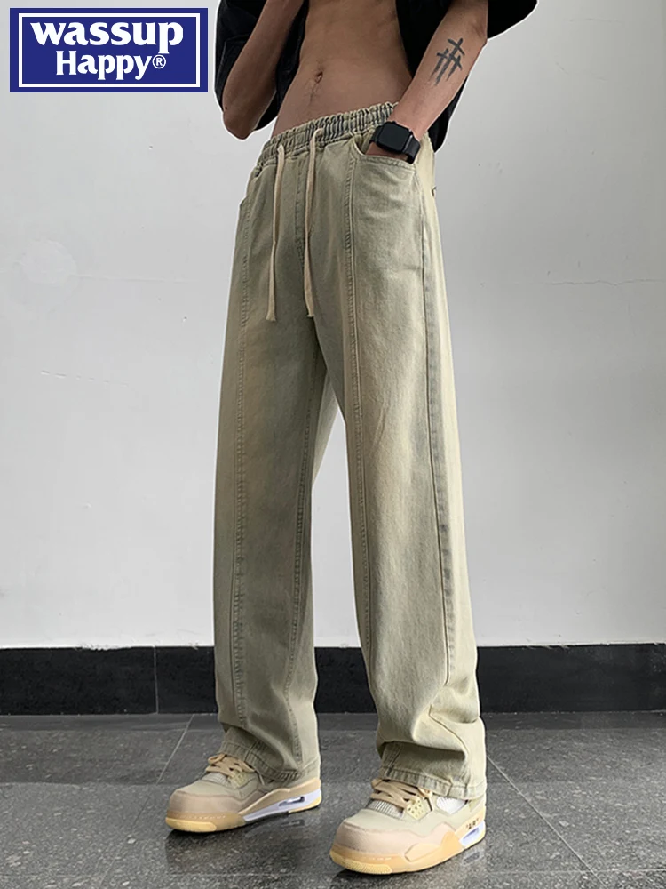 

WASSUP мужские джинсы свободного кроя с желтой глиняной краской, прямые брюки с эластичной резинкой на талии, зимняя одежда в американском стиле ретро High Street Sle