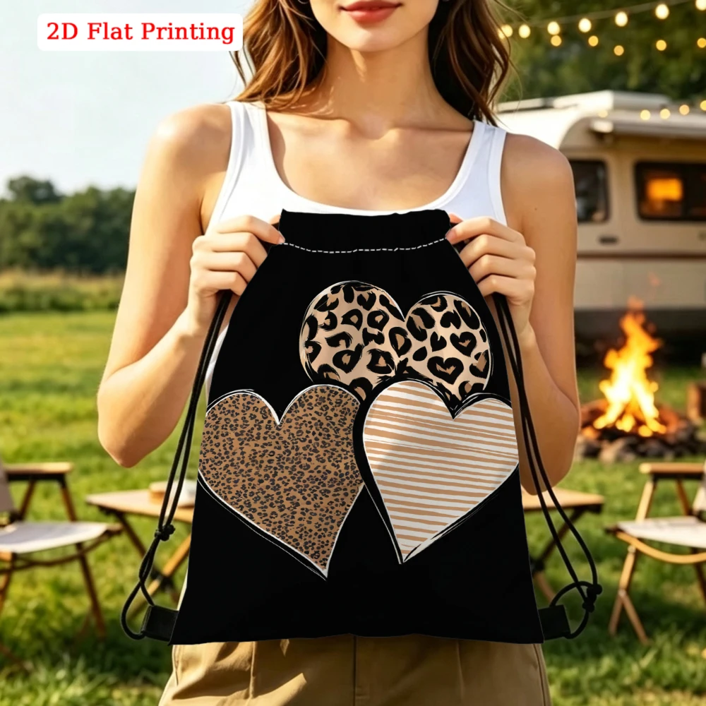 Leopard Print, Drawstring Backpack, 2D Flat Printing Heart Pattern, Gym Sports Bag, Outdoor Travel Cinch Sack